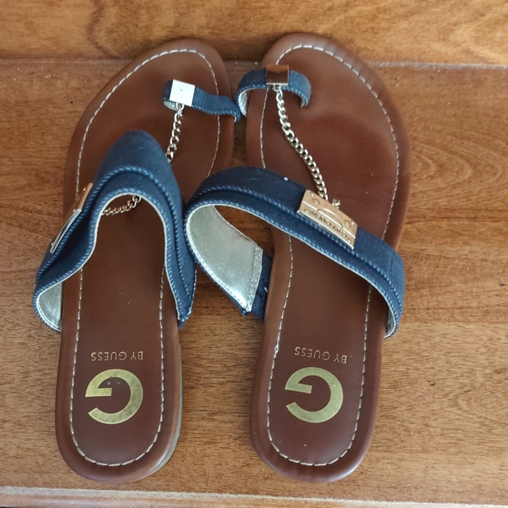 Guess Blue Denim and Brown Sandals with Chain Detail